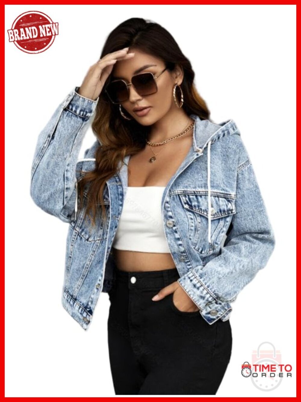 Cropped Hooded Denim Jacket with Zipper Closure